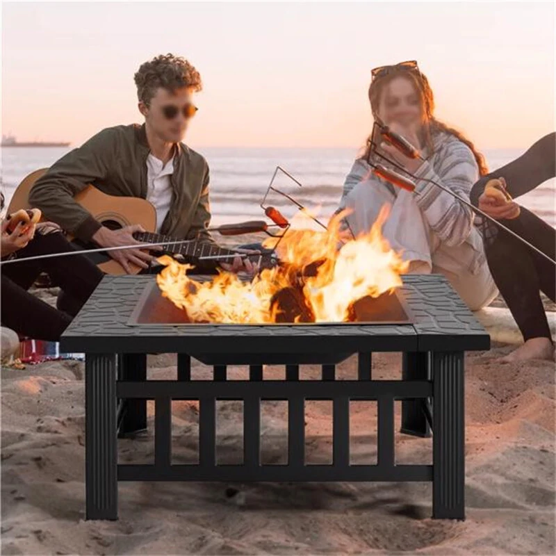 (image for) [USA Direct] Fire Pit 32'' Wood Burning Firepit Metal Square Outdoor Fire Tables SteelFire Pit Bowl with Spark Screen Cover, Poker Log Grate for Patio Camping Backyard Garden Picnic, 8866